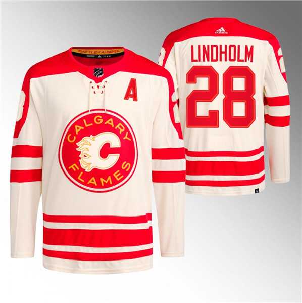 Men's Calgary Flames #28 Elias Lindholm 2023 Cream Classic Primegreen Stitched Jersey Dzhi